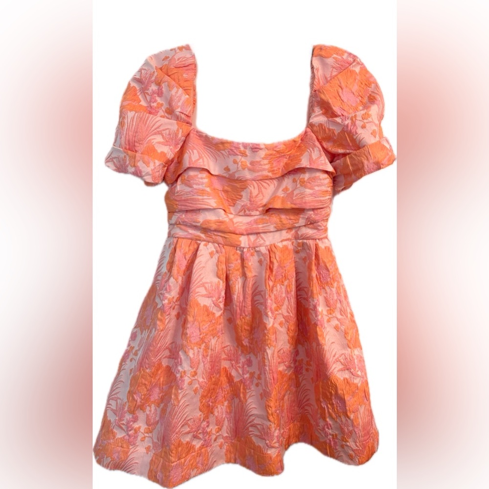Pink and Peach Floral Puff-Sleeve Mini Dress